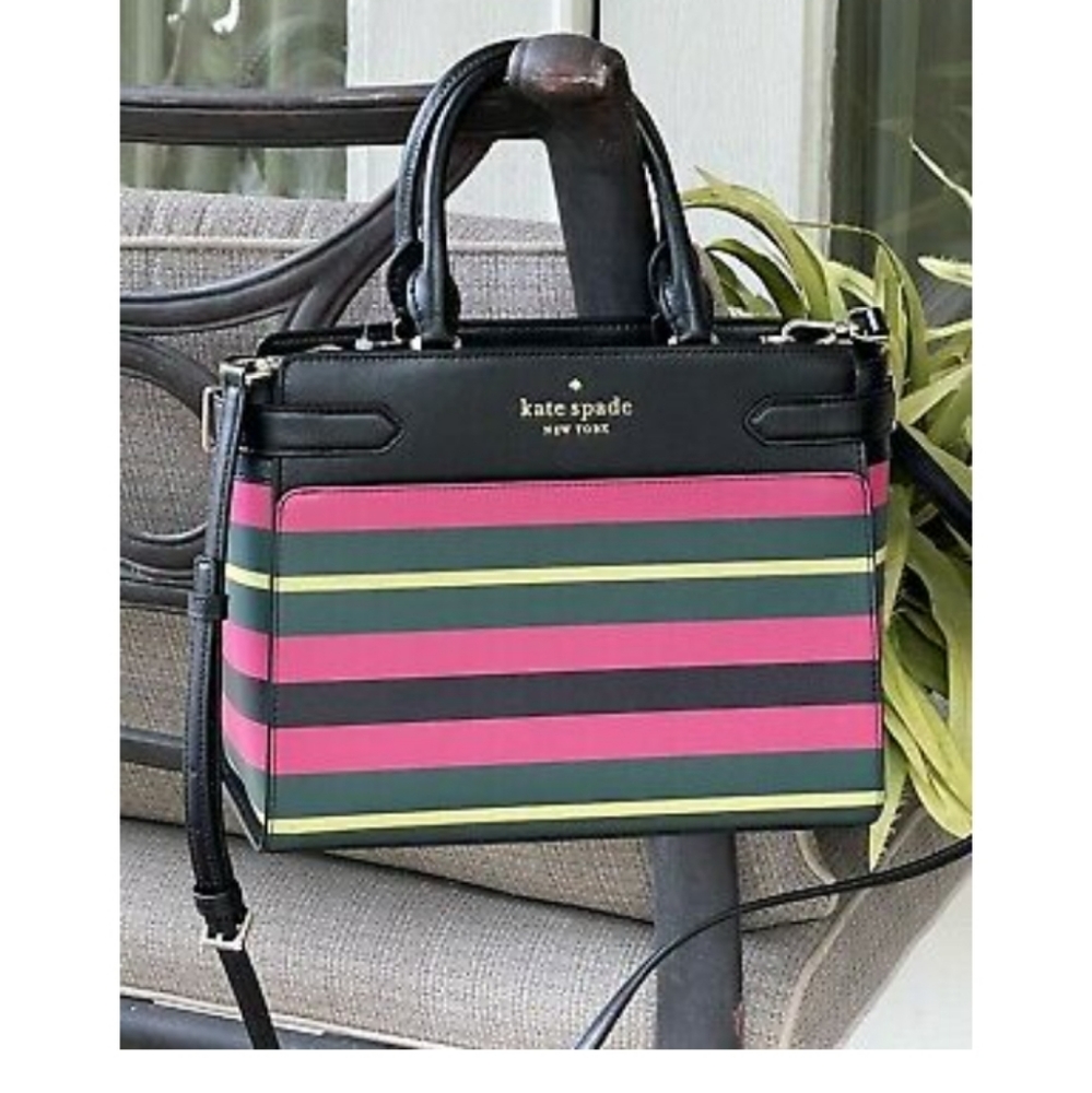 Kate Spade Staci Medium Satchel Black Leather Stripes Shoulder Bag